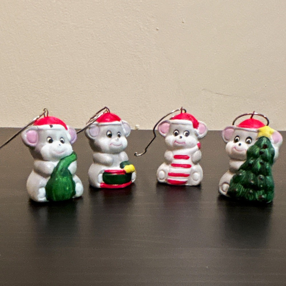 Set of 4 Ceramic Mouse Christmas Hanging Ornaments Multicolor Small 2 Inch